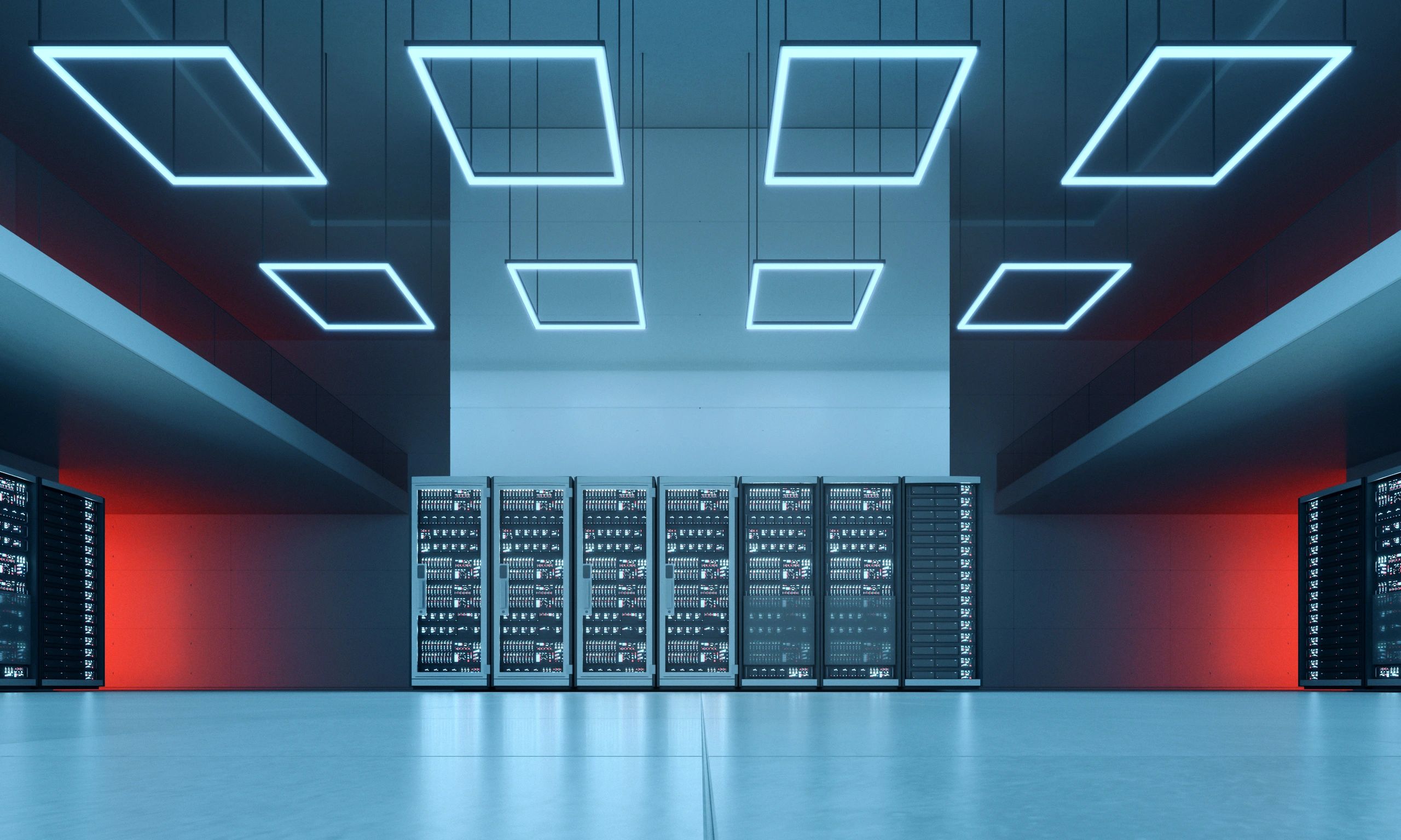 Futuristic data center corridor with glowing server racks