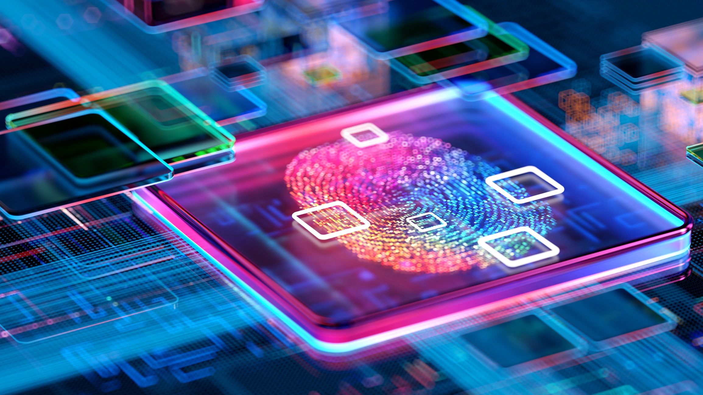 Abstract digital fingerprint and circuitry representing breach detection and identity security